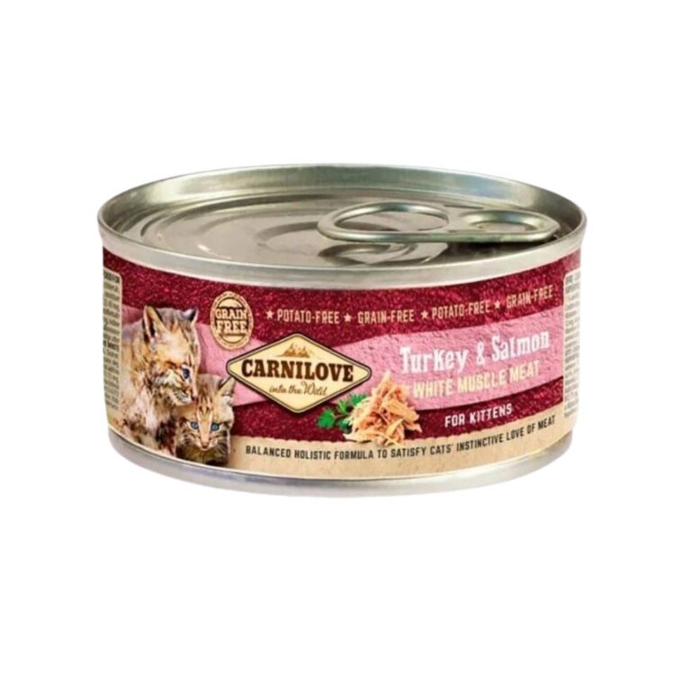 Comida húmeda natural para gatitos con pavo y salmón. Caja 12x100g. Sin cereales ni aditivos. Nutrición completa para un crecimiento saludable.