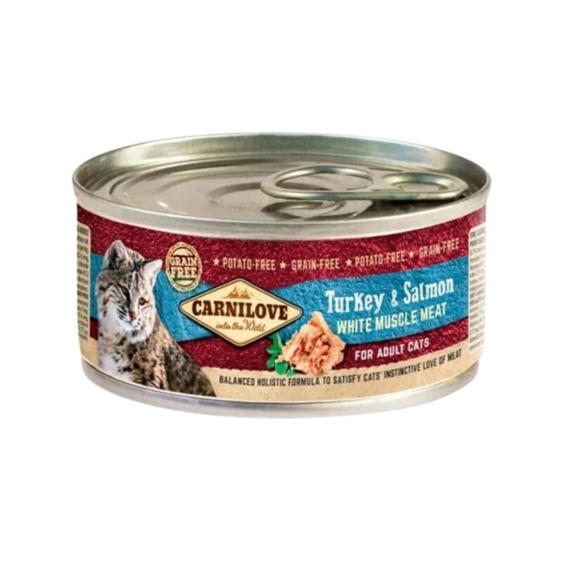 Carnilove Feline Adult Pavo Salmon es un alimento húmedo natural y equilibrado para gatos adultos. Caja con 12 sobres de 100g que garantiza frescura y nutrición para tu mascota.