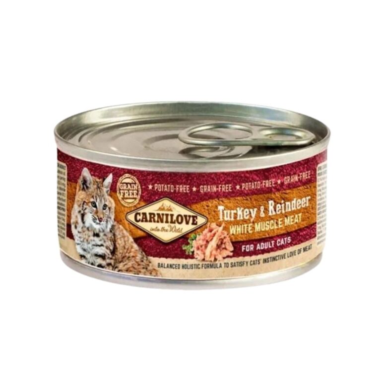 Carnilove Feline Adult Pavo Reno es un alimento húmedo completo para gatos adultos, con proteínas naturales de pavo y reno. Caja práctica con 12 sobres de 100g para una nutrición óptima.