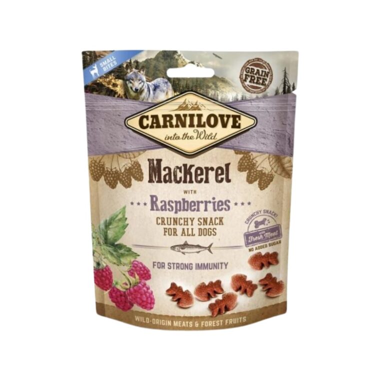 Descubre Carnilove Canine Crunchy Snack Caballa y Frambuesas, un snack natural y crujiente para perros con proteínas y antioxidantes. Caja práctica con 6 paquetes de 200g para premiar y cuidar a tu mascota.