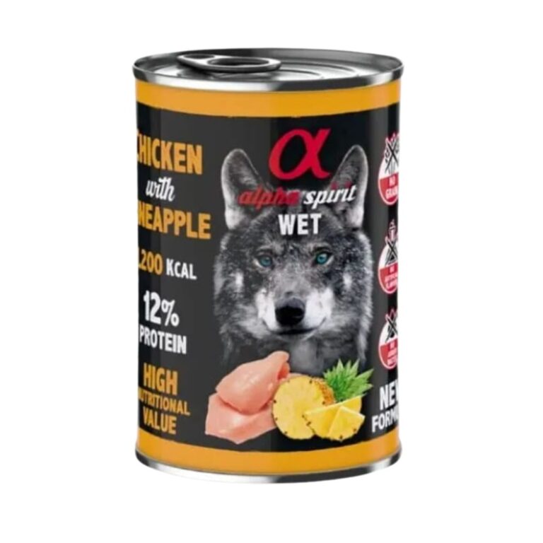Delicioso alimento húmedo de pollo con piña para gatos adultos. Sin cereales, con una sola proteína animal y fruta fresca. 6x400gr de nutrición completa, natural y sabrosa.