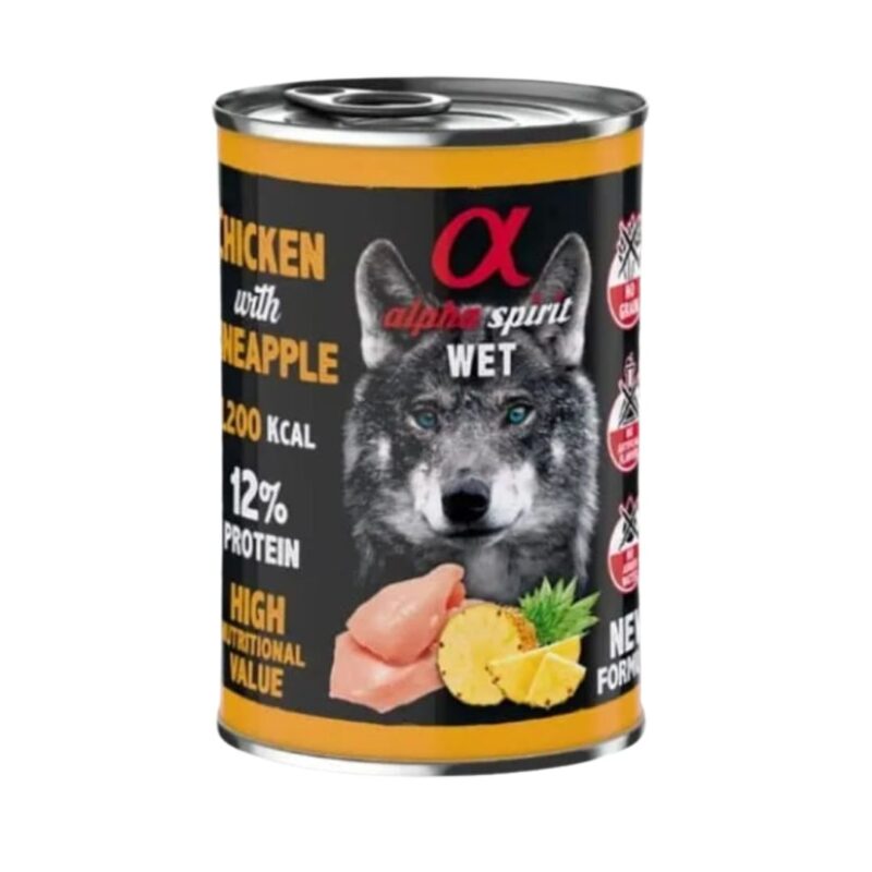 Delicioso alimento húmedo de pollo con piña para gatos adultos. Sin cereales, con una sola proteína animal y fruta fresca. 6x400gr de nutrición completa, natural y sabrosa.
