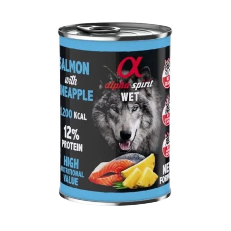 Alimento húmedo completo para perros adultos con salmón y piña. Con proteína única, sin cereales y enriquecido con glucosamina y condroitina. Nutrición saludable en 6x400gr.