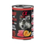 Paté completo para perros adultos con 93% de ternera y melón natural. Sin cereales, con proteína única y enriquecido con glucosamina y condroitina. Pack 6x400gr.