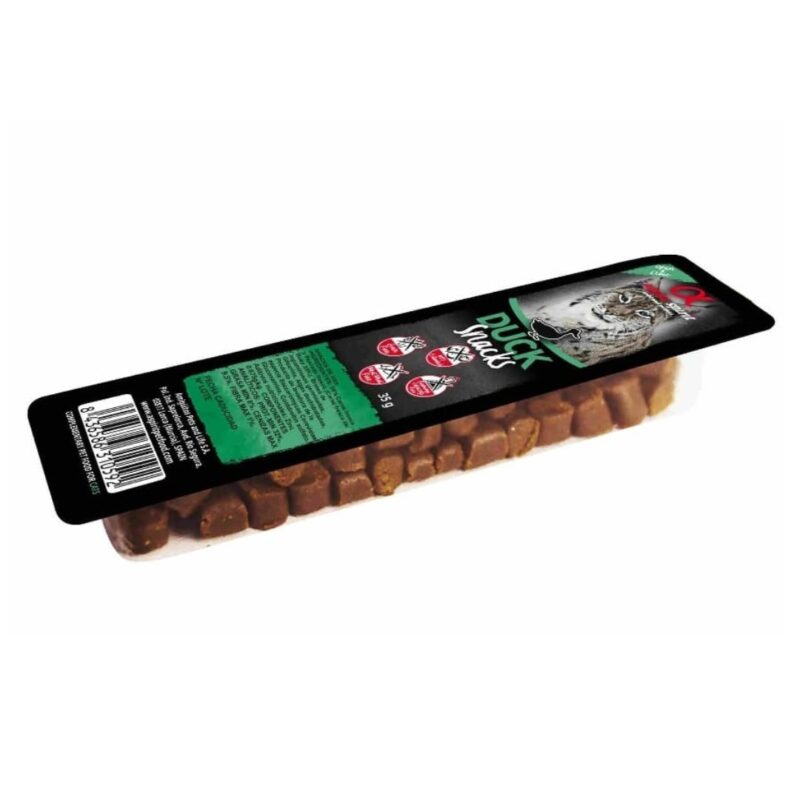 Snack natural Alpha Spirit para gatos sabor pato, con ingredientes frescos y taurina. Perfecto para premiar a tu gato con un snack saludable y delicioso.