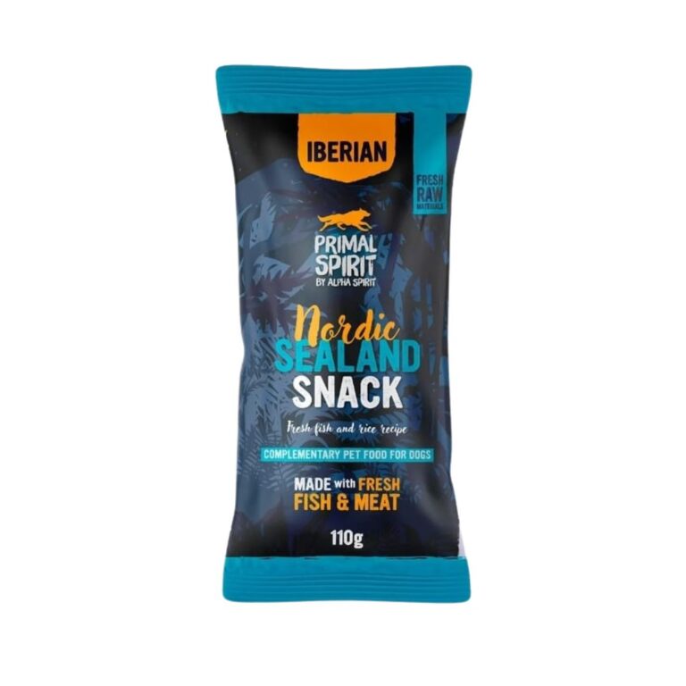 Snack complementario para perros con 40% de cerdo y 20% de pescado fresco. Primal Nordic Sealand es ideal para recompensar con nutrición, sabor y bienestar.