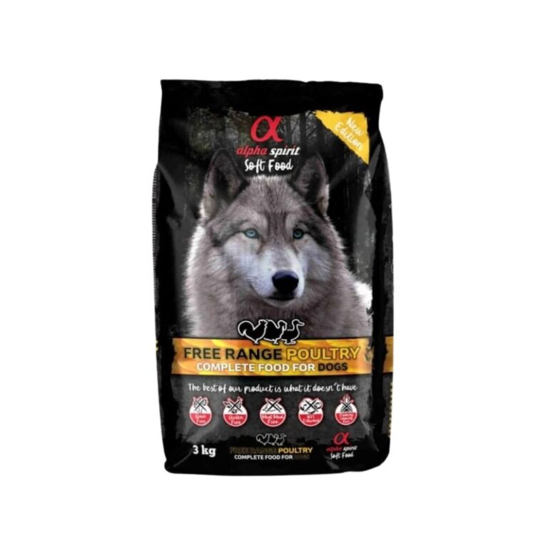 Cuida la salud digestiva de tu perro adulto con Alpha Spirit Canine Adult Aves de Corral Semihúmedo 3kg. Alimento completo, sin gluten, con textura suave y proteínas de alta calidad para estómagos sensibles.