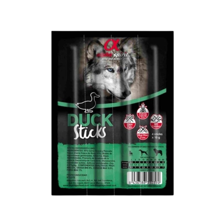 Las Barritas de Pato Alpha Spirit 16x4 Uds son un snack saludable y sabroso para perros. Hechas con carne de pato, sin cereales, ayudan a limpiar los dientes y son ideales como premio durante el adiestramiento.