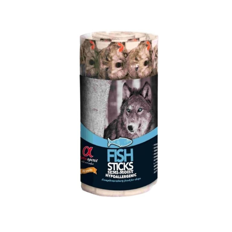 Alpha Spirit Barritas de Pescado 12x160g son snacks naturales sin cereales para perros adultos, enriquecidos con Omega 3 y 6, glucosamina y biotina. Alta digestibilidad y beneficios para piel, pelaje y articulaciones.