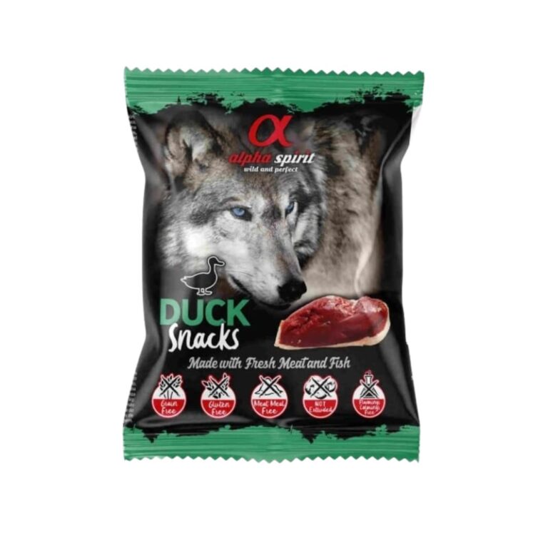 Alpha Spirit Snack de Pato 24X50gr para perros. Hecho con ingredientes 100% naturales, sin gluten ni cereales. Bocaditos semihúmedos ideales para premiar a tu mascota.