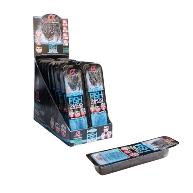 Alpha Spirit Snack de Pescado para perros en caja de 16x35g. Alta palatabilidad, digestibilidad y bajo riesgo alérgico. Rico en Omega 3, Omega 6 y sulfato de condroitina para articulaciones saludables.
