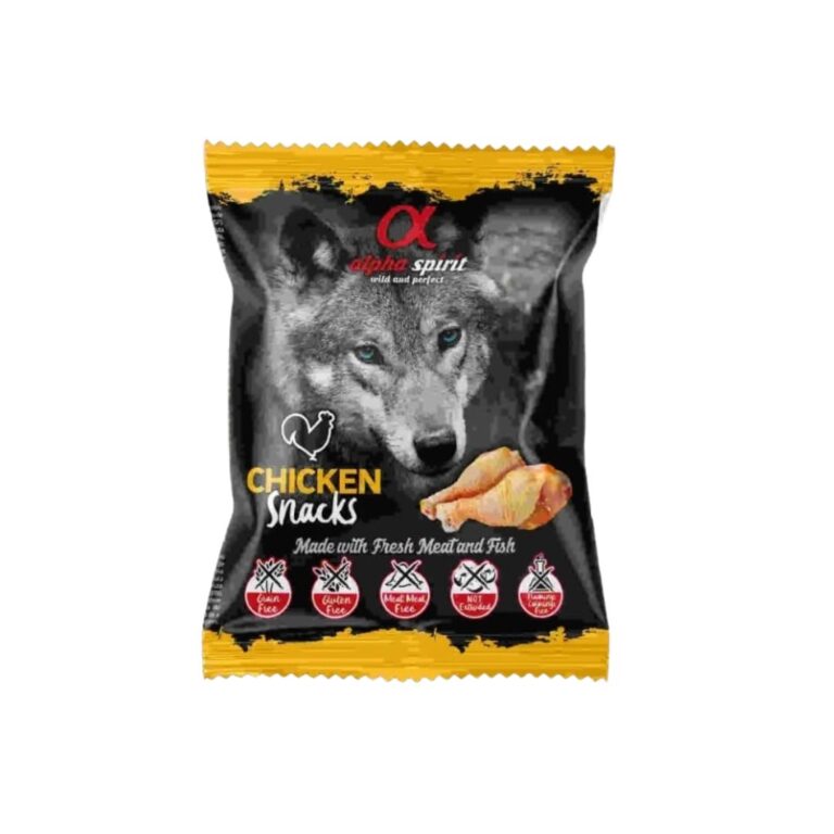 Snack de Pollo Alpha Spirit para perros en presentación de 24 unidades de 50 gramos. Ingredientes naturales, libre de cereales y gluten, perfecto para premiar a tu mascota con salud y sabor.