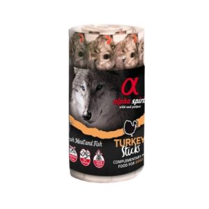 Snack natural de pavo para perros Alpha Spirit. Sin cereales, en formato de gránulos. Caja con 16 sobres de 35g. Ideal como premio para perros de todas las edades y razas.
