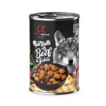 Comida húmeda con albóndigas de buey y salvia para perros. Caja con 6 unidades de 400g. Sin cereales, ideal como premio o alimento complementario. Apto para todas las edades y razas.
