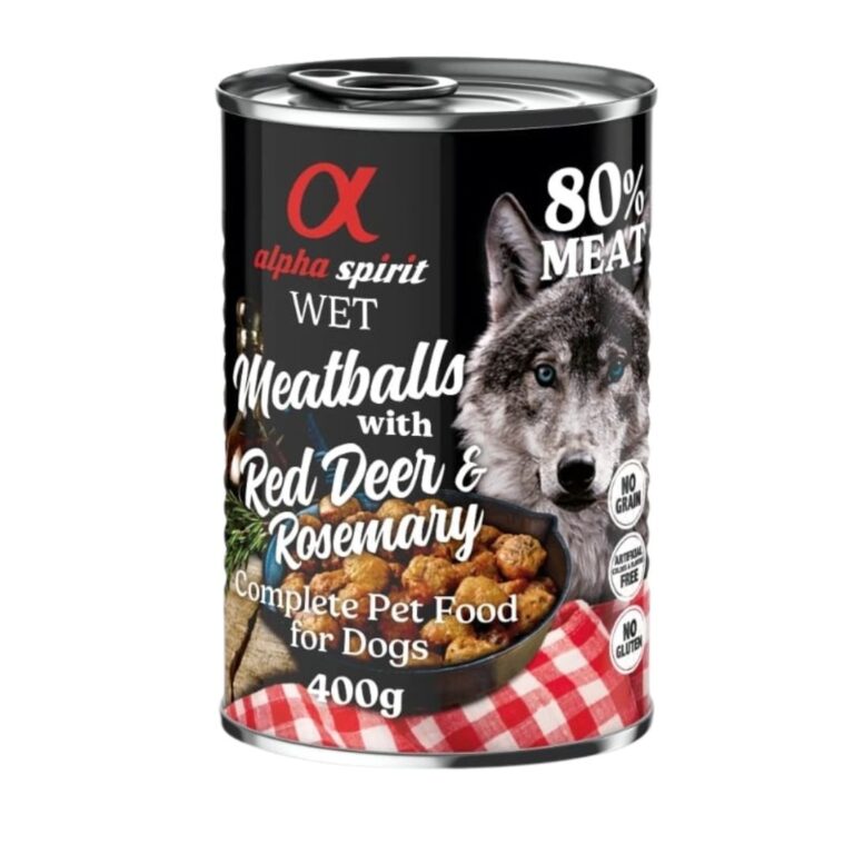 Comida húmeda Alpha Spirit con venado y romero en albóndigas. Pack de 6 latas de 400g. Sin cereales, altamente palatable y natural. Ideal para complementar la alimentación diaria de tu perro.
