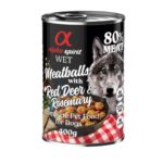 Comida húmeda Alpha Spirit con venado y romero en albóndigas. Pack de 6 latas de 400g. Sin cereales, altamente palatable y natural. Ideal para complementar la alimentación diaria de tu perro.