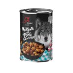 Alimento húmedo natural con cerdo y alcaravea para perros. Pack de 6 latas de 400g. Sin cereales, ideal para complementar la dieta diaria. Apto para todas las razas y edades.