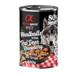 Alimento húmedo completo para perros adultos con 80% carne natural, incluyendo ciervo y romero. Pack 6 latas de 400g. Nutritivo, natural y sin cereales para una dieta equilibrada.