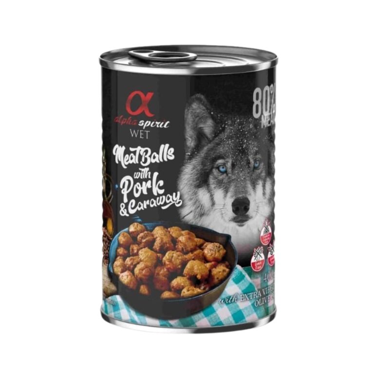 Alimento húmedo natural para perros con carne de cerdo y alcaravea. Pack de 6 latas de 400g, listo para consumir. Ideal para todas las razas y edades. Complementa la dieta diaria de tu mascota con calidad y sabor.