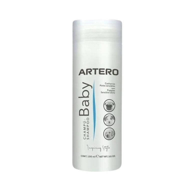 Champú Artero Baby 100 ml para mascotas con piel sensible y cachorros. Fórmula suave y dermatológicamente testada para limpieza delicada y pelaje saludable.