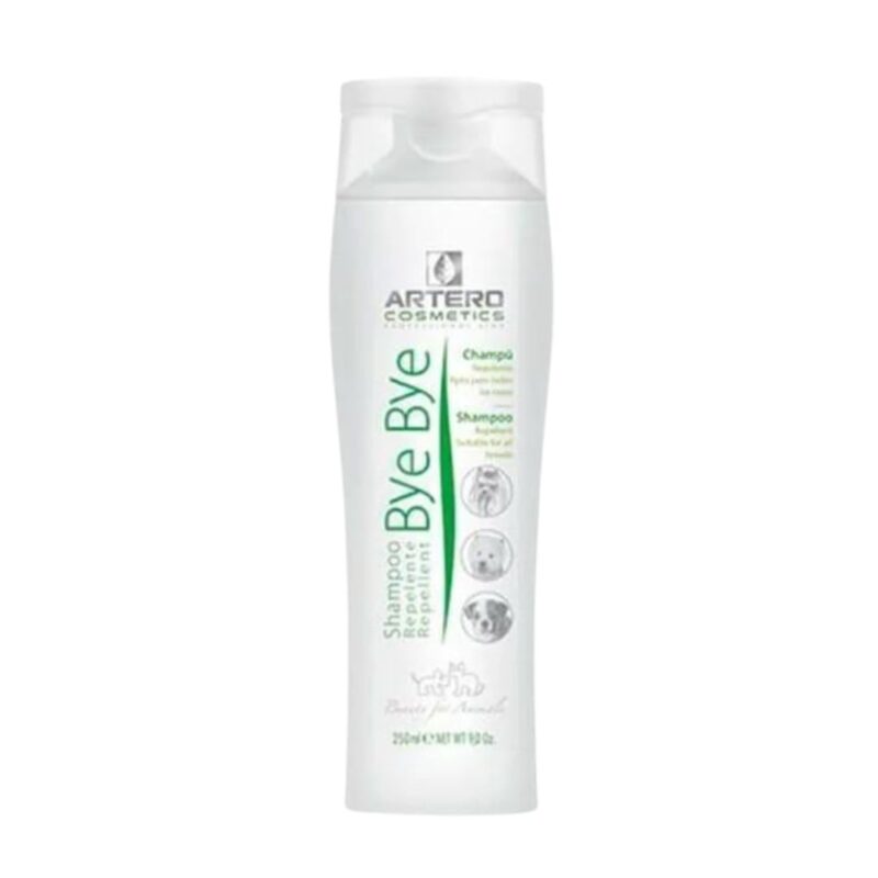 Champú Artero Bye Bye 100 ml con ingredientes naturales que elimina pulgas, garrapatas, bacterias y hongos. Limpia y desinfecta la piel, dejando el pelaje con cuerpo y aroma fresco.