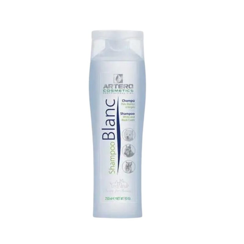 Champú Artero Blanc 250 ml con fórmula vegetal que limpia suavemente y realza el color natural del pelaje blanco, gris o negro. Ideal para piel sensible y uso frecuente.
