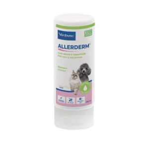 Champú Allerderm 250 ml para piel seca y escamosa en perros y gatos. Con urea y glicerina, sin detergentes, pH neutro y aroma a mandarina. Fórmula suave y eficaz.