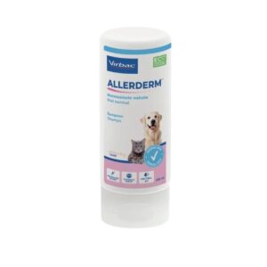 Champú suave Allerderm con pH neutro para pieles normales de perros y gatos. Limpieza delicada, sin detergentes y con aroma a coco. Ideal para uso diario y todo tipo de pelajes.