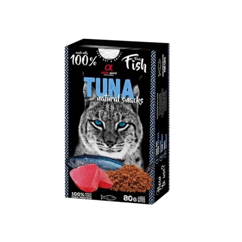 Snack húmedo de atún natural para gatos. Sin cereales, aditivos ni conservantes. Caja con 6 unidades de 80g. Ideal como premio o complemento nutricional.