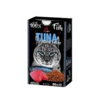 Snack húmedo de atún natural para gatos. Sin cereales, aditivos ni conservantes. Caja con 6 unidades de 80g. Ideal como premio o complemento nutricional.
