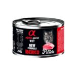 Alimento húmedo completo para gatos de todas las edades. Con carne de cerdo ibérico, sin cereales ni harinas. Presentación: caja con 6 latas de 200g. Alta palatabilidad y nutrición natural.