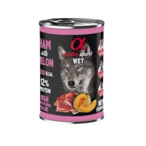 Alimento húmedo completo para perros adultos, elaborado con 93% carne de cerdo, jamón y melón fresco. Textura tipo patê, rico en nutrientes y con beneficios para las articulaciones.