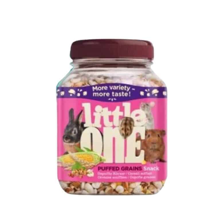 Snack natural de granos inflados para roedores y conejos. Little One 70 g, altamente digerible, ideal como alimento complementario. Rico en cereales y fácil de ofrecer.