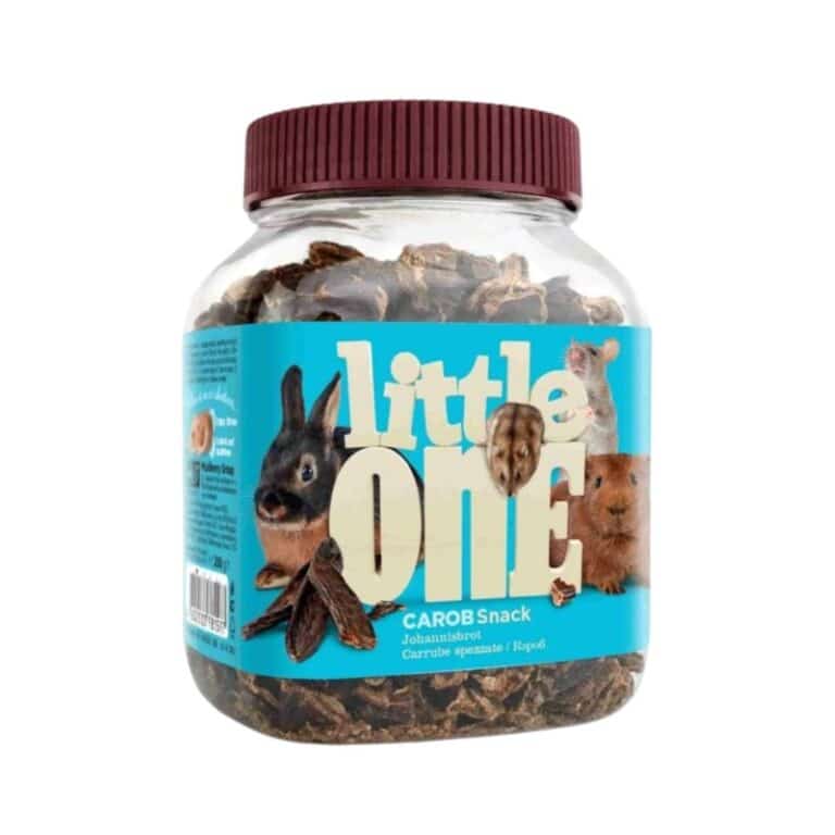 Snack natural de algarrobas para roedores y conejos. Little One 200 g, ideal para entrenamiento o como premio ocasional. Fuente de fibra, sin aditivos.