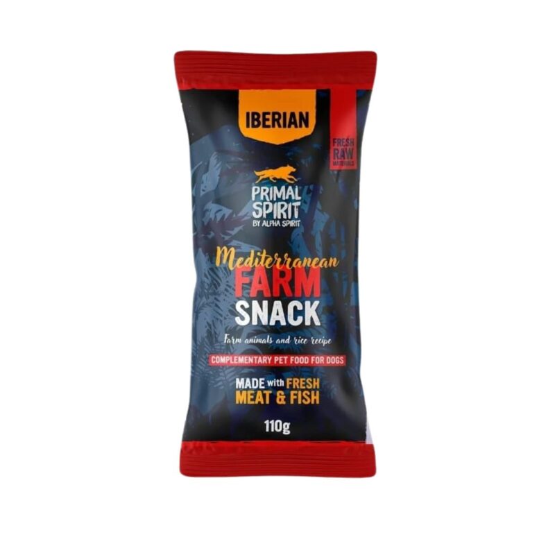 nack natural para perros con pollo, cerdo, cúrcuma y comino. El Primal Iberian Mediterranean Farm es un alimento complementario ideal para premiar con sabor y nutrición.