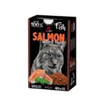 Snack natural húmedo para gatos con pollo, pavo y salmón. Rico en proteínas, colágeno y omega 3. Caja con 6 unidades de 80g. Complemento saludable y delicioso.