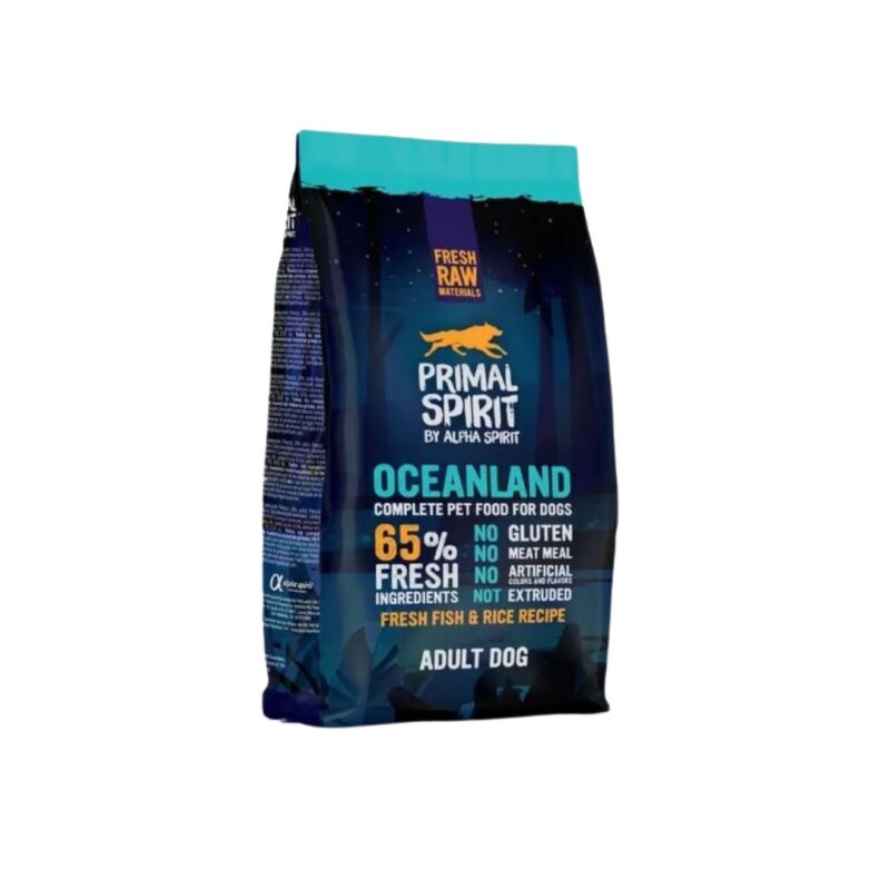 Alimento seco para perros adultos con 65% de ingredientes animales frescos, frutas y especias naturales. Primal Oceanland ofrece nutrición completa, sabor y bienestar.
