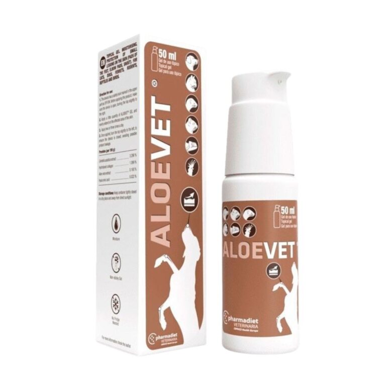 Gel cicatrizante natural con aloe vera, ácido hialurónico y colágeno. Aloevet alivia, desinfecta y regenera heridas en perros y gatos. Ideal para quemaduras, rozaduras y lesiones menores. Presentación de 50 ml.