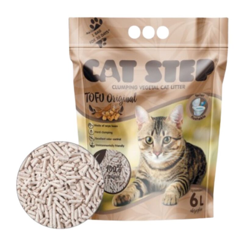 Descubre la arena para gatos CAT STEP Tofu Original de 2.7 kg, biodegradable, 100% natural y libre de químicos. Ideal para desechar en el inodoro, segura y con alta absorción.