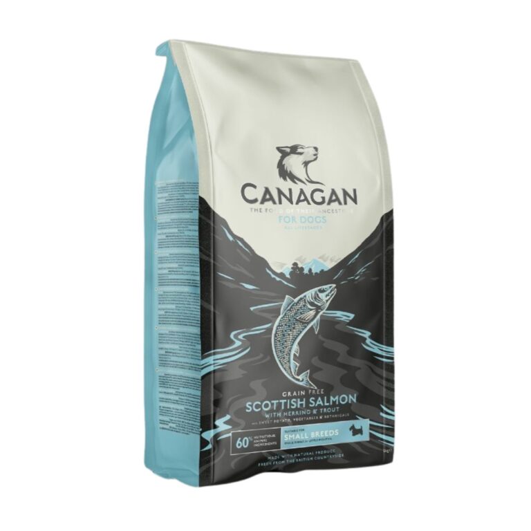 Alimento natural sin cereales con salmón escocés, arenque, trucha y frutas. Pienso en formato 6kg para perros pequeños. Rico en omega 3 y croquetas pequeñas.