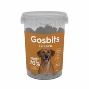 Gosbits Chicken 300 Gr es un snack natural para perros con 70% de carne fresca de pollo. Monoproteico, sin cereales y con textura semihúmeda. Ideal como premio saludable.
