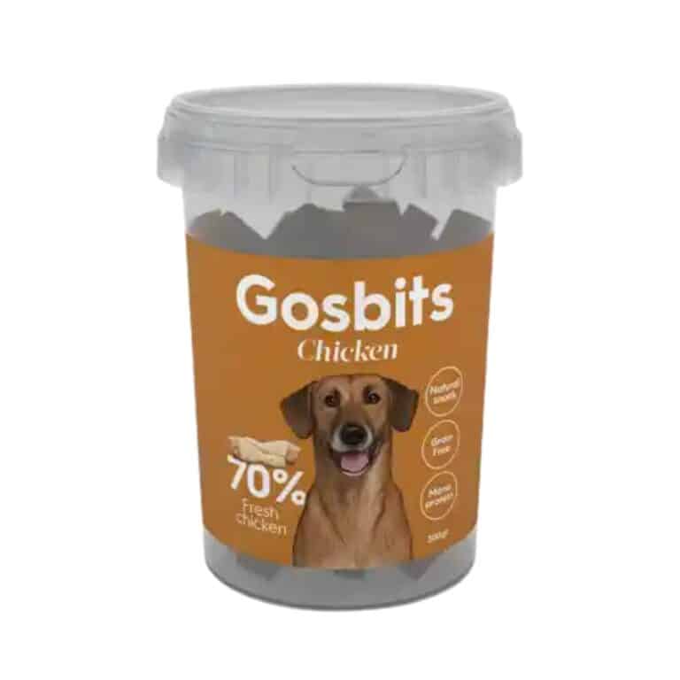 Gosbits Chicken 300 Gr es un snack natural para perros con 70% de carne fresca de pollo. Monoproteico, sin cereales y con textura semihúmeda. Ideal como premio saludable.