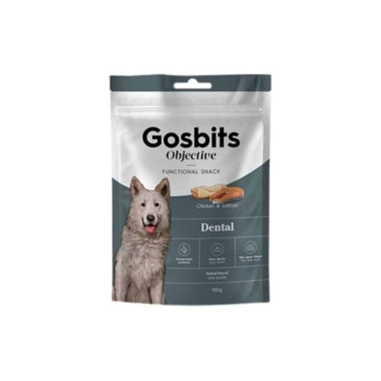 Gosbits Perro Objetivo Dental 150g combina pollo, salmón y algas marinas para cuidar la salud bucal de tu perro. Ayuda a reducir el mal aliento y el sarro de forma natural.