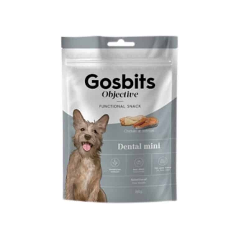 Gosbits Dental Mini 150 g es un snack con pollo, salmón y algas marinas que cuida la salud bucal de perros pequeños. Natural, sabroso y efectivo contra el sarro y el mal aliento.