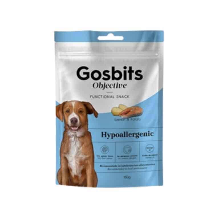 Gosbits Hipoalergénico 150 g es un snack natural con 70% salmón fresco. Ideal para perros con sensibilidad alimentaria. Sin cereales ni aditivos. Saludable, sabroso y fácil de digerir.