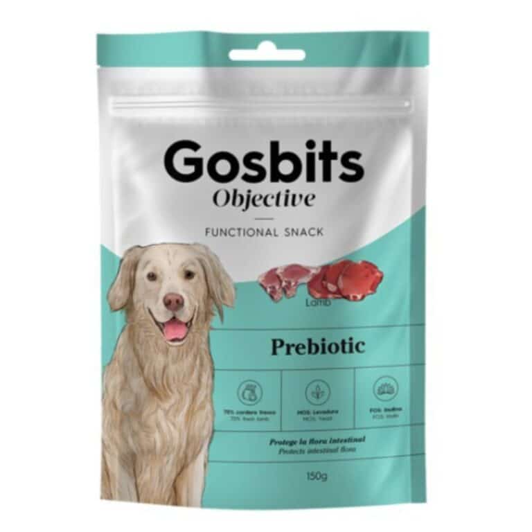 Gosbits Prebiotic 150 g es un snack funcional con cordero, MOS y FOS que mejora la digestión y fortalece el sistema inmunológico. Ideal para perros con sensibilidad intestinal o post-antibióticos.