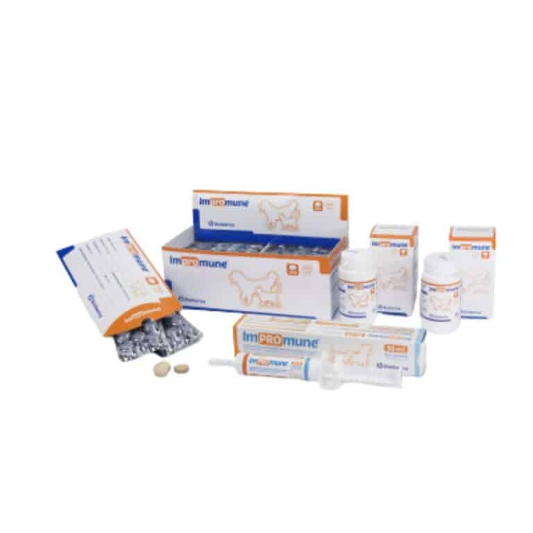 Refuerza el sistema inmunológico de tu perro o gato con IMPROMUNE 10 comprimidos. Contiene Nucleoforce y AHCC-Vet para fortalecer la respuesta inmune en animales inmunosuprimidos o enfermos.