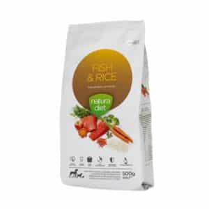 Compra Natura Diet Fish & Rice 500 gr, alimento natural para perros adultos con digestión sensible. Con pescado, arroz y extractos funcionales para su salud digestiva, articular e inmunológica.