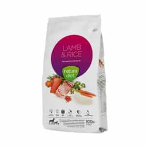 Compra Natura Diet Lamb & Rice 500 gr, alimento hipoalergénico para perros adultos. Con cordero, arroz y nutrientes funcionales que favorecen digestión, articulaciones y sistema inmune.