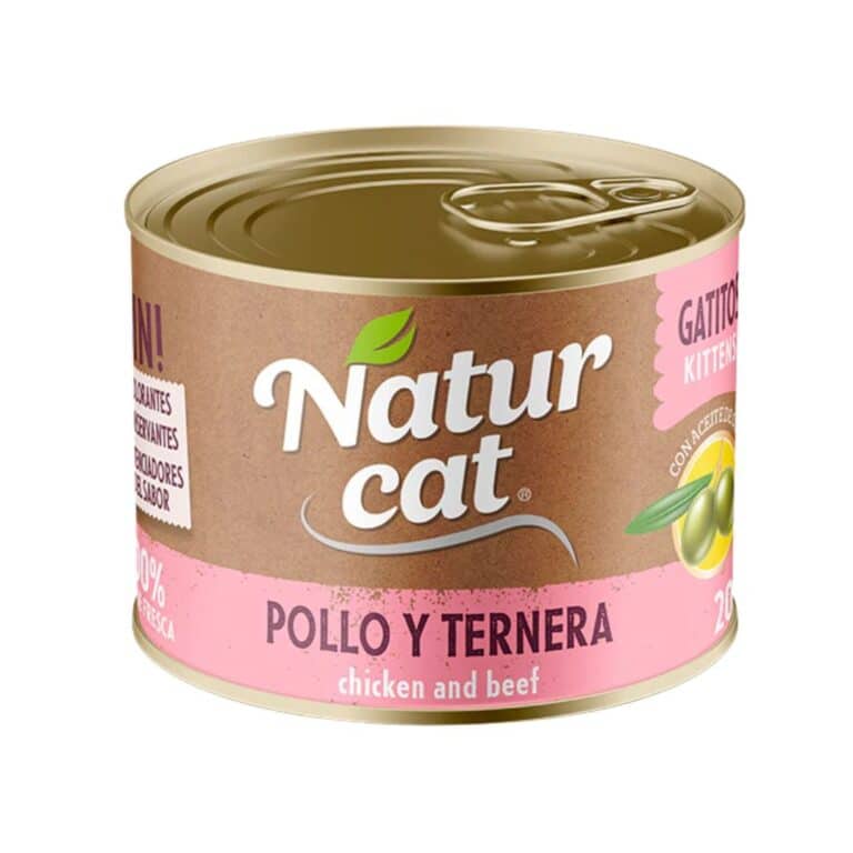 Comida húmeda Naturcat Gatito Pollo y Ternera 200 g. Alimento completo sin cereales, ideal para el crecimiento de gatitos. Carne fresca, alta digestibilidad, fórmula hipoalergénica.